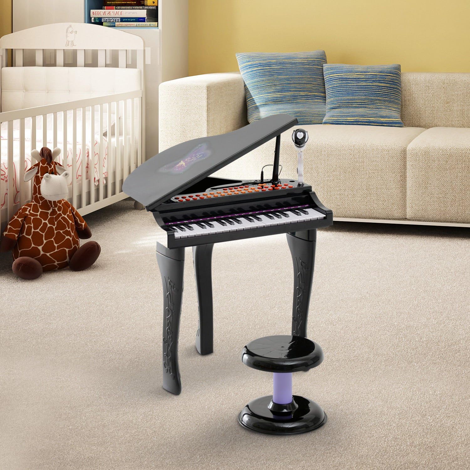 LINDA MIA | Piano clásico para niños, mini piano de cola de 30 teclas con soporte de música y banco, juguete de instrumento musical de madera con tapa LINDA MIA | Piano clásico para niños, mini piano de cola de 30 teclas con soporte de música y banco, juguete de instrumento musical de madera con tapa
