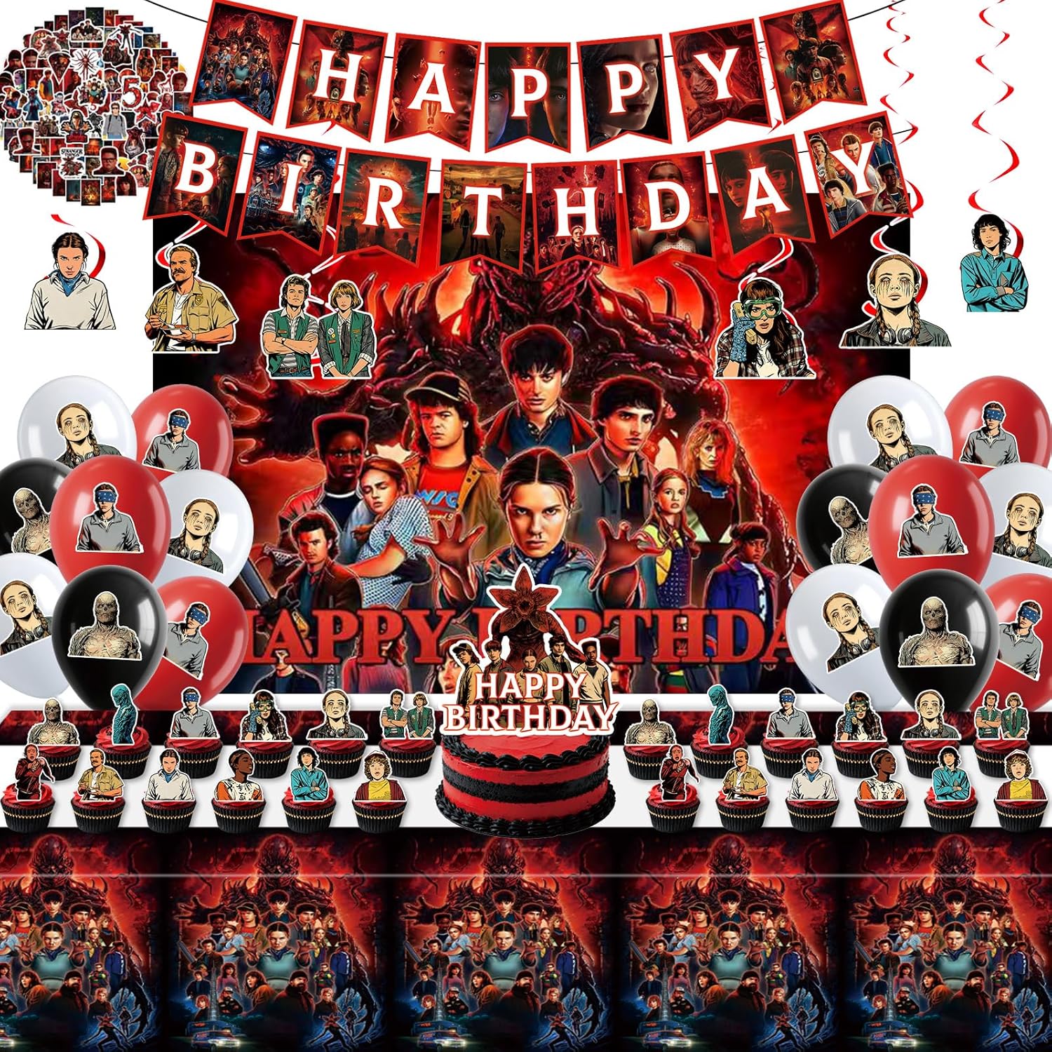 125Pcs Birthday Party Decorations Kit - Backdrop, Tablecloth, 15 Birthday Banner, 18 Balloons, Big Topper, 24 Cupcake Toppers, 6 Hanging Swirls, 60 Stickers for Themed Decor