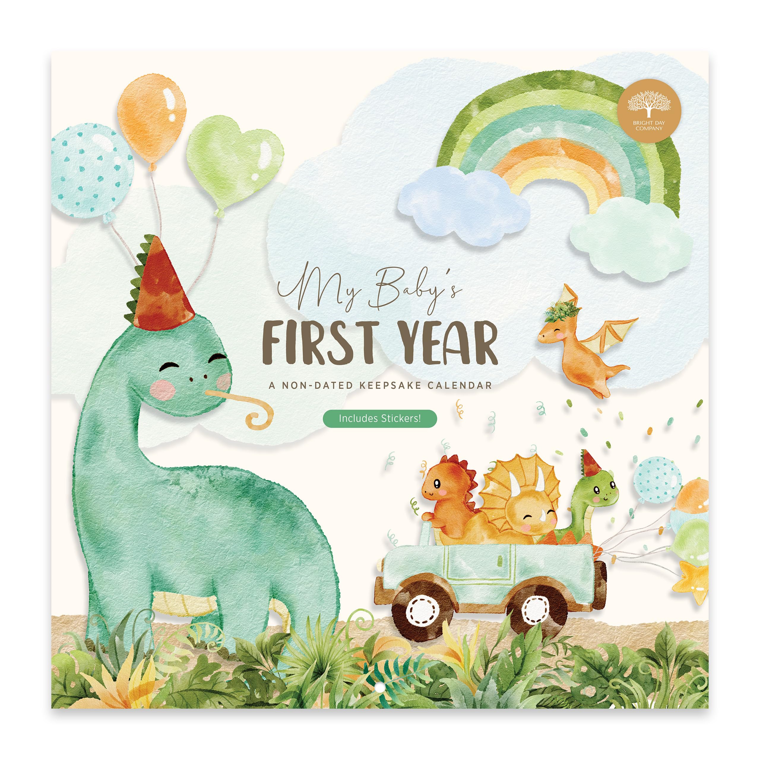 Baby's First Year Book & Calendar with 54 Stickers by Bright Day – Capture Milestones with Baby's First Year Calendar – Keepsake Memory Journal for Newborns, Dinosaur