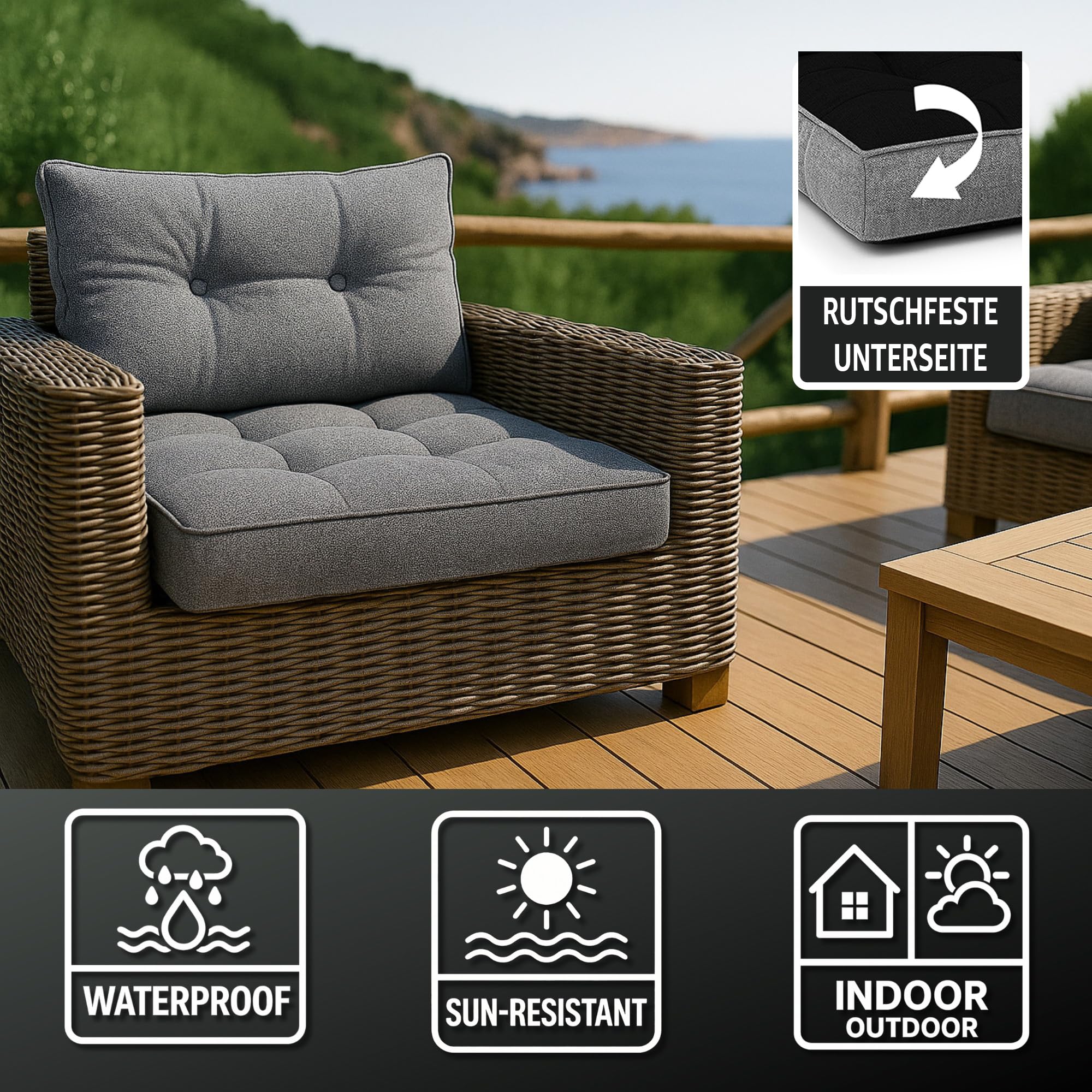 Amazinggirl Coussin Lounge Mobilier Jardin Ensemble: siège 60x60 cm et Dossier 40x60 cm - Dossier Rattan Idéal pour Balcon terrasse Salon extérieur Confort Durable Coussins épais Gris