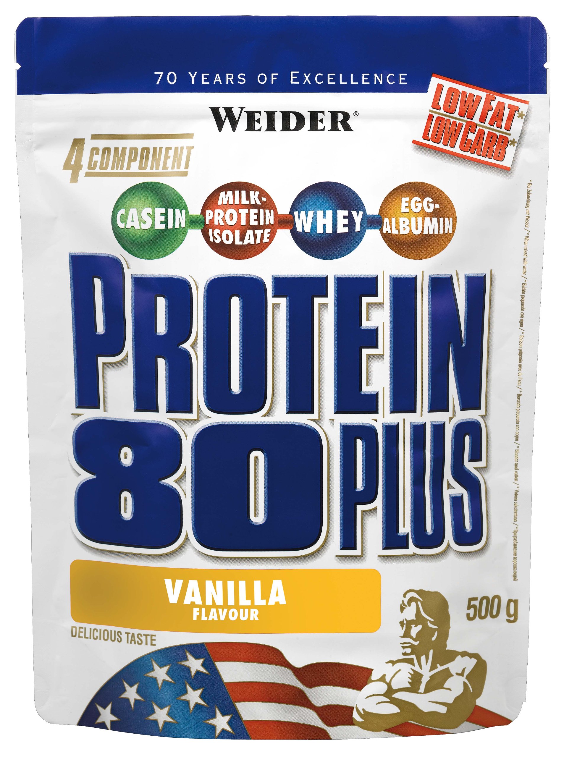 Weider - Protein 80 Plus - 4-Komponenten Protein Pulver - Hoher Proteingehalt mit 80% Eiweiß - Cremige Shakes mit Calcium & Vitamin B6 - 500g - Vanille