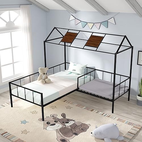 Twin Size House Bed with Relax Seat and Included Free Cushions, House-Shaped Twin Bed Metal Frame for Kids, Black