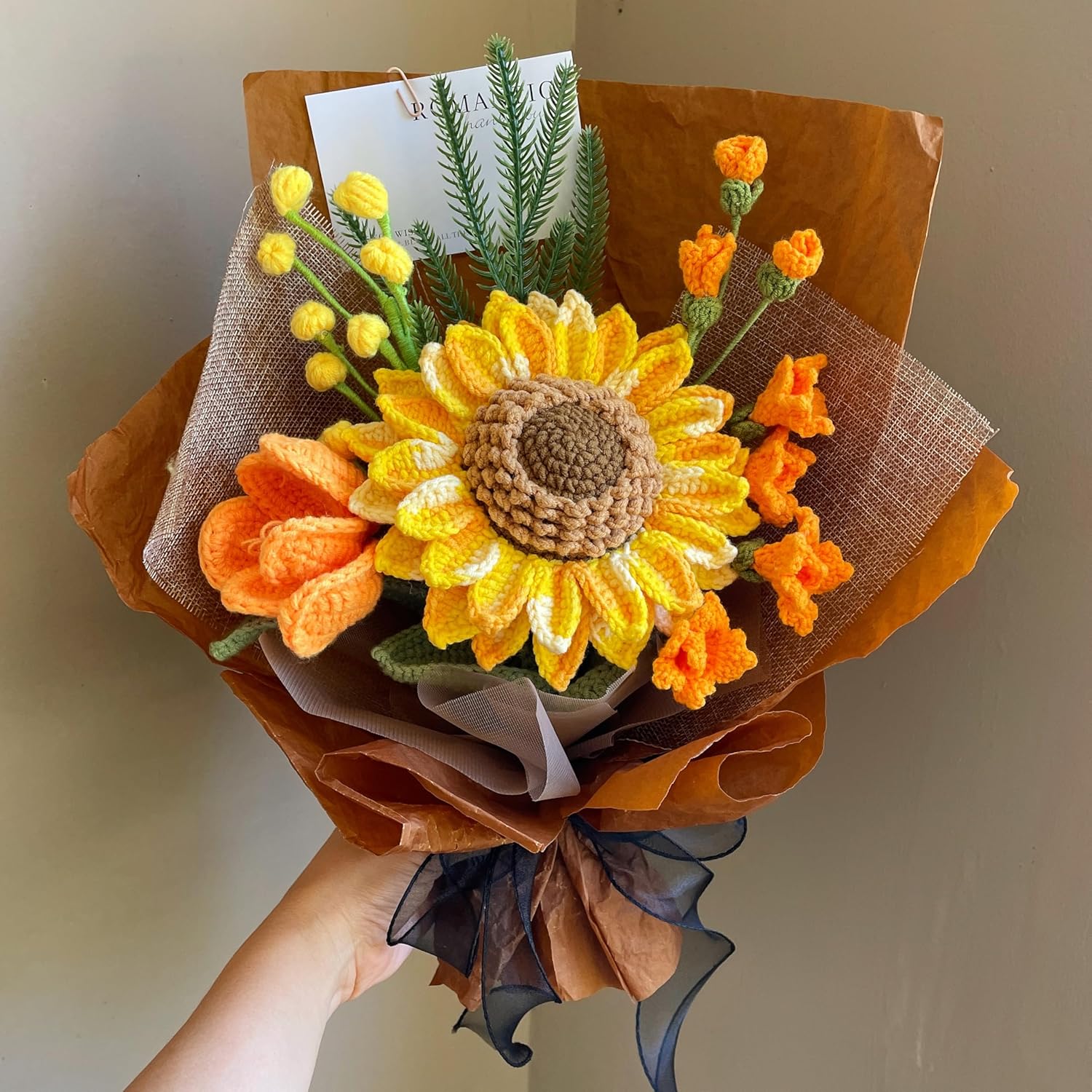 ANNE'S GIVERNY Handmade Crochet Sunflower Bouquet; Well Box Package Gift Flowers for Birthday, Chrismas, Graduation, Get Well, Gift for Mom, Grandma, Daughter, Wife, Friend, Artificial Flowers (C)