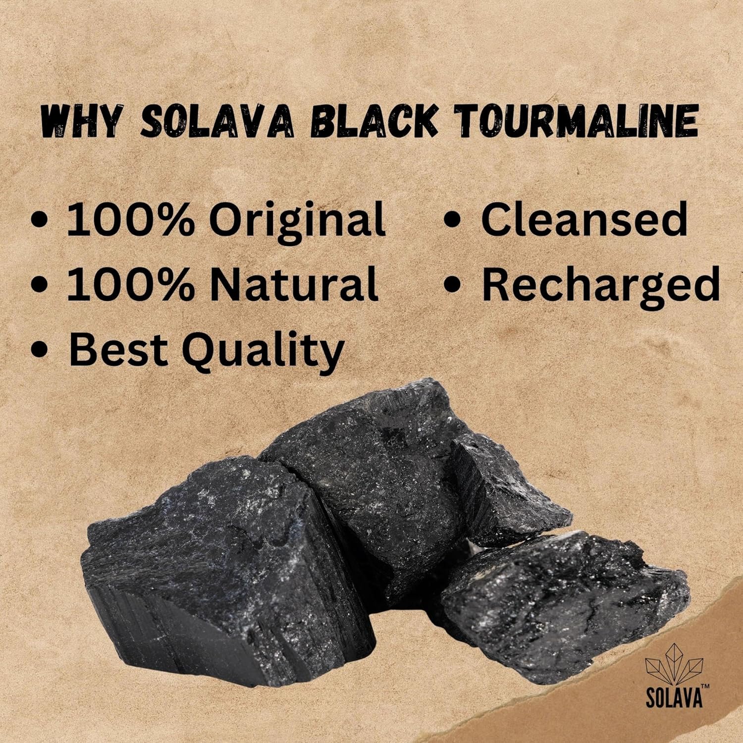 SOLAVA - Original Black Tourmaline Stone - Natural Raw Black Crystal Stones for Healing Feng Shui Vastu Correction Protection Manifestation and Meditation - 200g
