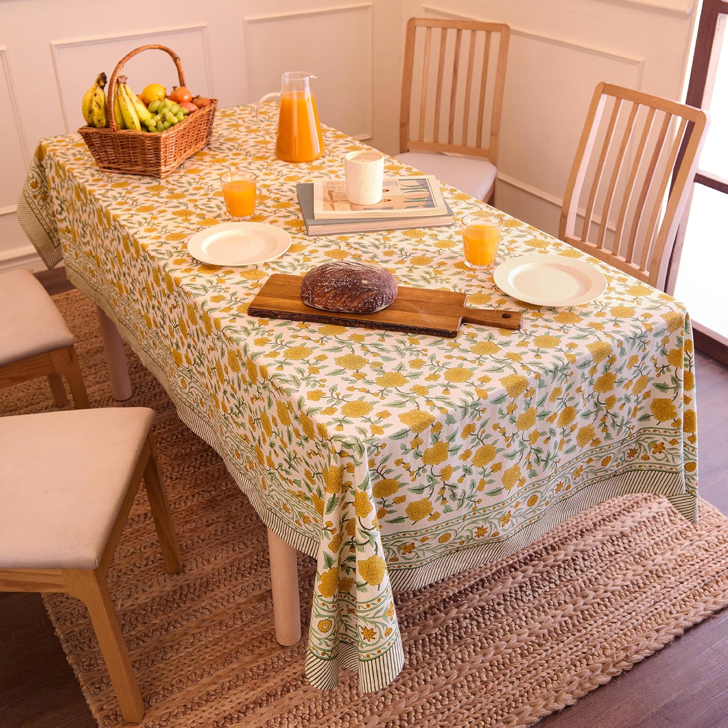 Encasa XO Rectangular Tablecloth 60"x90" 7.5 ft Yellow Jaipuri Block Print Cotton Dining Table Cloth | Handcrafted Floral tablecloths – Machine Washable for Indoor, Outdoor, Everyday Use