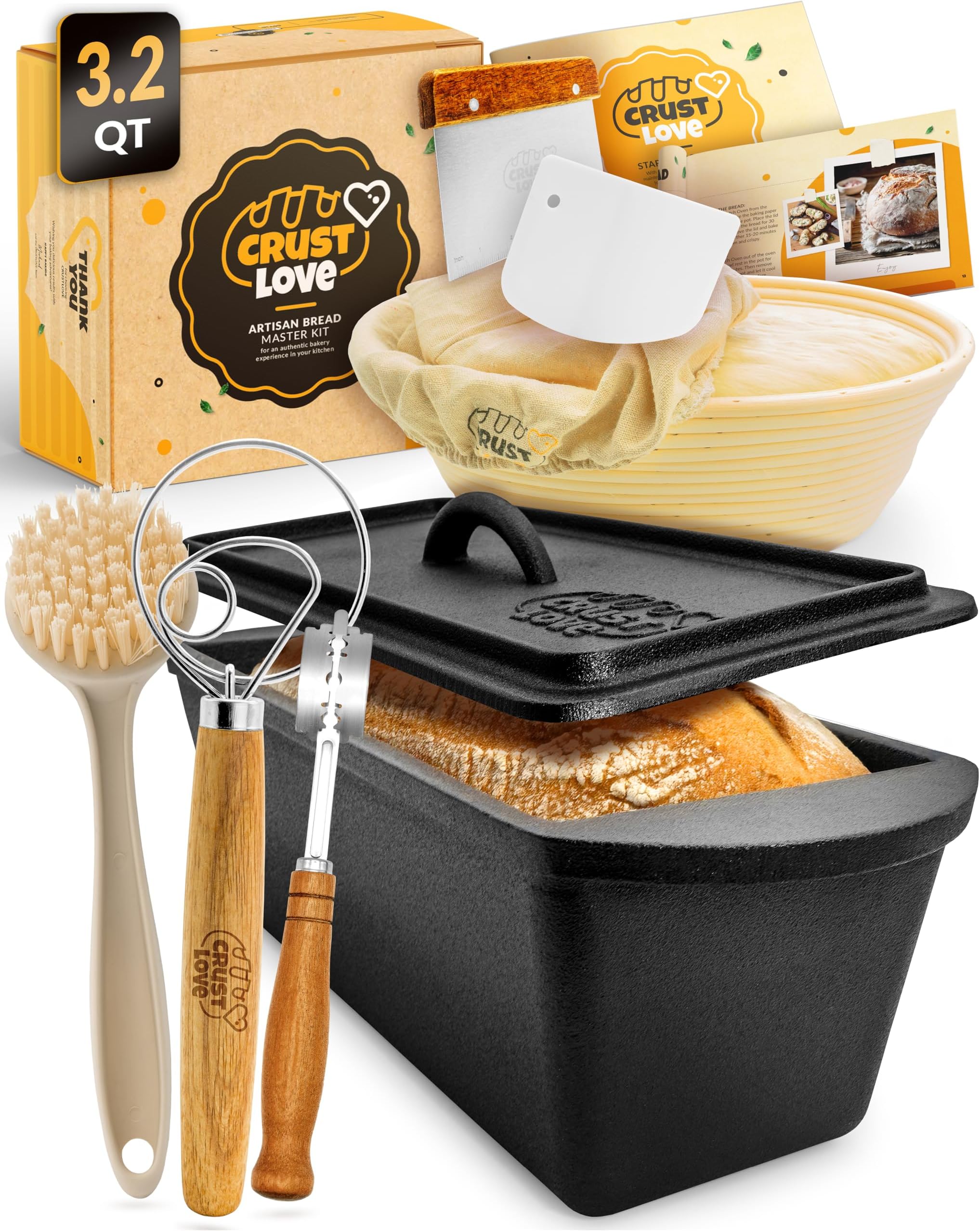 CRUSTLOVE Rectangular Cast Iron Dutch Oven for Bread Baking - incl. Sourdough Bread-Baking Supplies - 3.2QT Bread-Pan for Homemade-Bread, Sour dough Bread-Pans with Lid, Bread-Oven, Bread-Baking-Pan