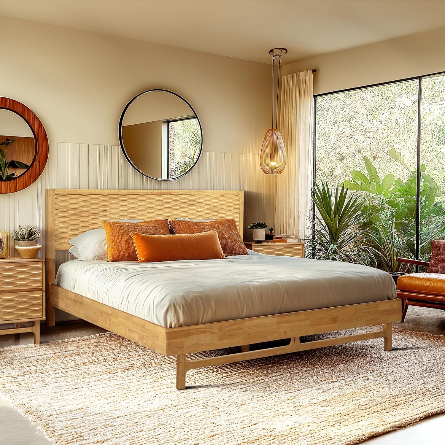 Acacia Elara King Platform Bed Frame – Solid Wood Bed with Headboard, Sculpted Spearhead Pattern, Natural Oak Finish, 800lbs Capacity, No Box Spring Needed, Mid-Century Style
