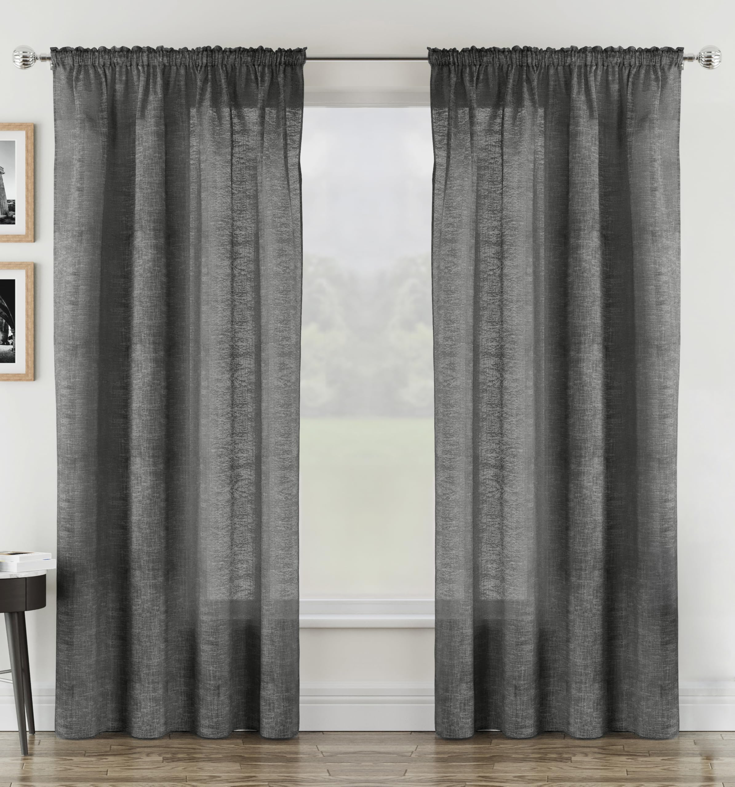 Tyrone Textiles Rhodes Linen Look Voile Panel Curtains 140 x 122cm Charcoal