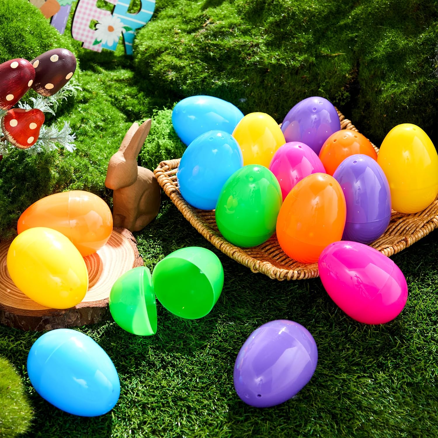 JOYIN 36 PCS 3.15" Easter Eggs with Hanging Ribbon, Colorful Plastic Eggs Empty Fillable, Bright Eggshells for Easter Hunt, Basket Stuffers, Hanging Tree Decor, Party Favor Supplies