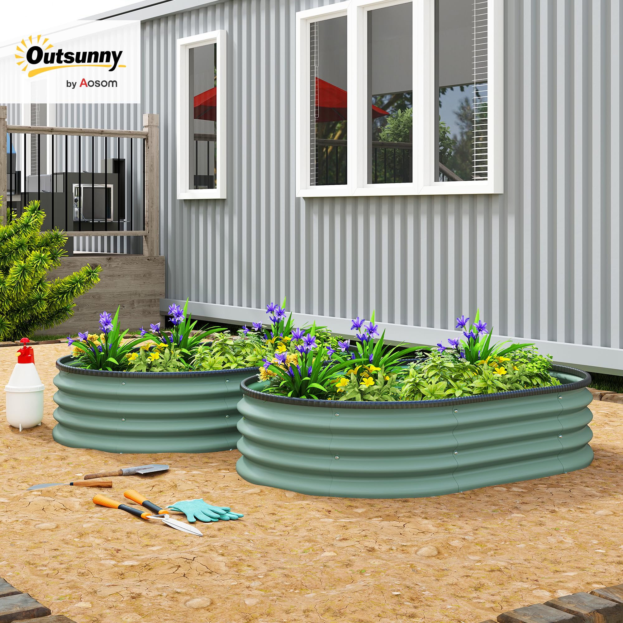 Outsunny Set di 2 Aiuola Rialzata Modulari 135x90x30 cm Verde | Cassoni Orto con Bordo in Gomma, Fondo Aperto, Letti per Orto Rialzato in Acciaio Zincato per Erbe, Frutta, Verdura