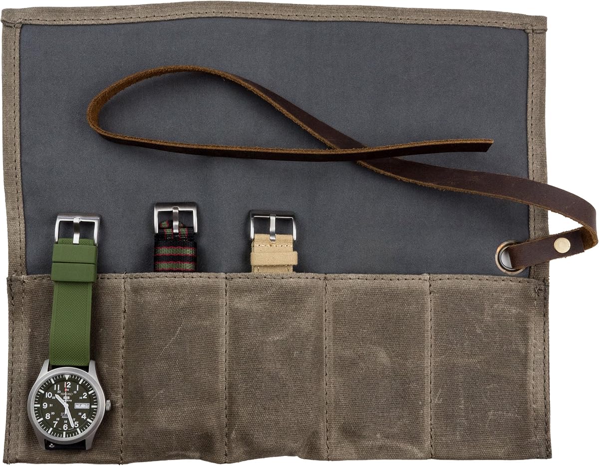 Estuche de viaje con rollo de reloj de lona - Bolsa de lona encerada para reloj y almacenamiento de correa - Ideal para viajes o uso doméstico, estuche de transporte y rollo de viaje.