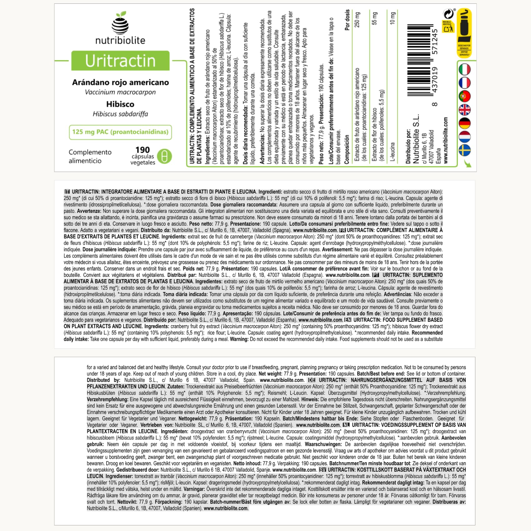 Mirtillo Rosso Americano Cranberry con Ibisco 125 mg di PAC Proantocianidine - Vie Urinarie - 190 Capsule - Senza Additivi +6 Mesi | Uritractin Nutribiolite