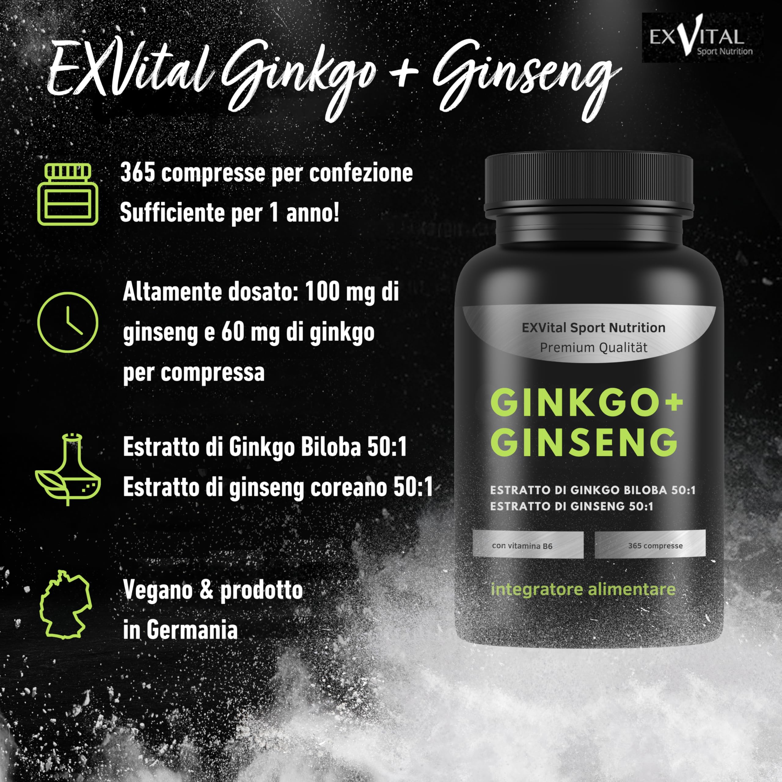 EXVital® Ginkgo + Ginseng, 365 compresse, estratti vegetali 50:1, altamente dosati, Ginkgo Biloba e Ginseng coreano, Testato in laboratorio, Vegano