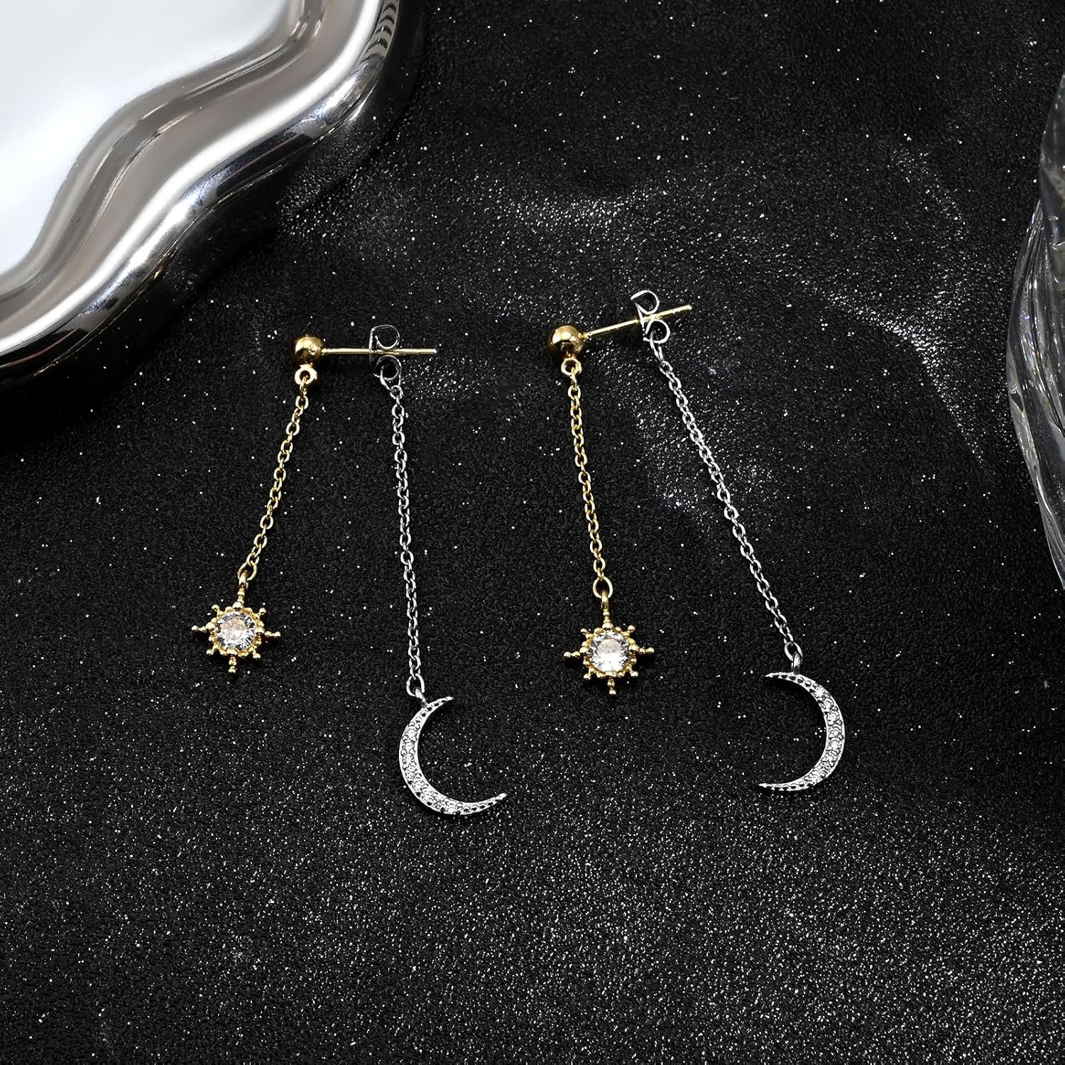 Moon and Star Dangle Earrings for Women Chain Tassel with Cubic Zirconia Drop Celestial Jewelry for Wedding Gift - Image 4