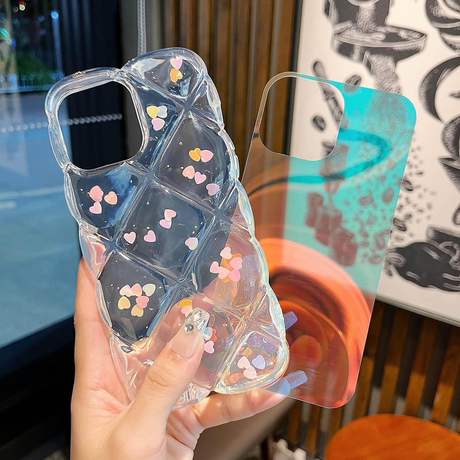 Qokey Compatible with iPhone 16 Pro Max Case 6.9",Cute Laser Gradual Bling Love Heart Glitter Clear+Translucent Card Soft Wave Frame Anti-Falling 3D Thick Shockproof Phone Cover(for 16 Pro Max 6.9") - Image 4