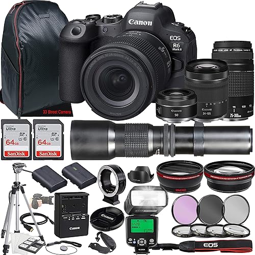 Canon EOS R6 Mark II Cámara sin espejo con RF 0.945-4.134in f4-7.1 es STM + EF 2.953-11.811in f4-5.6 III + RF 1.969in f1.8 STM + 19.685in f8 lentes