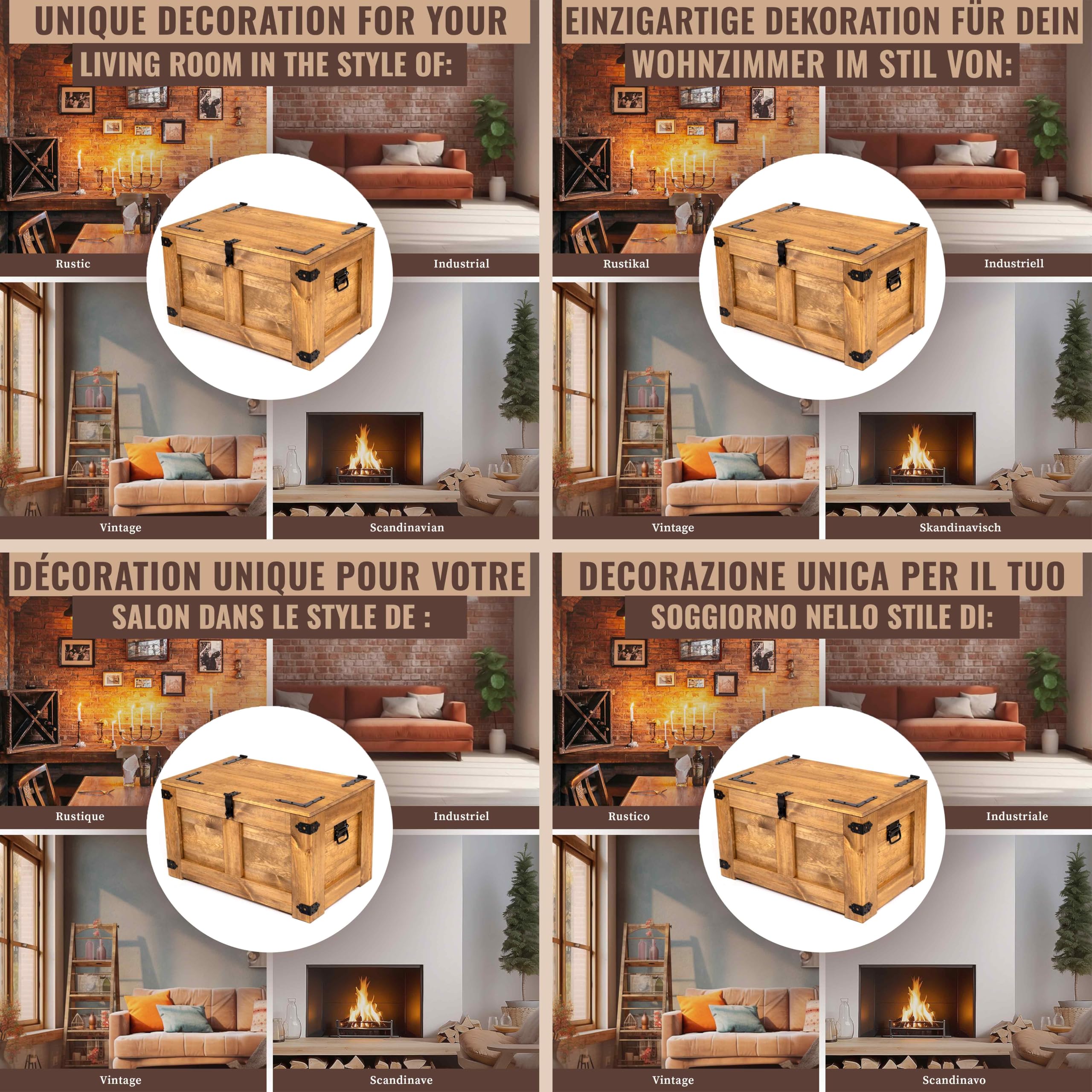 CREATIVE COOPER Scatola di legno, scrigno del tesoro, cassapanca rustica, tavolino da caffè, cassapanca per giocattoli, 77 x 49 x 45 cm, realizzata a mano, olio di legno Eco marrone