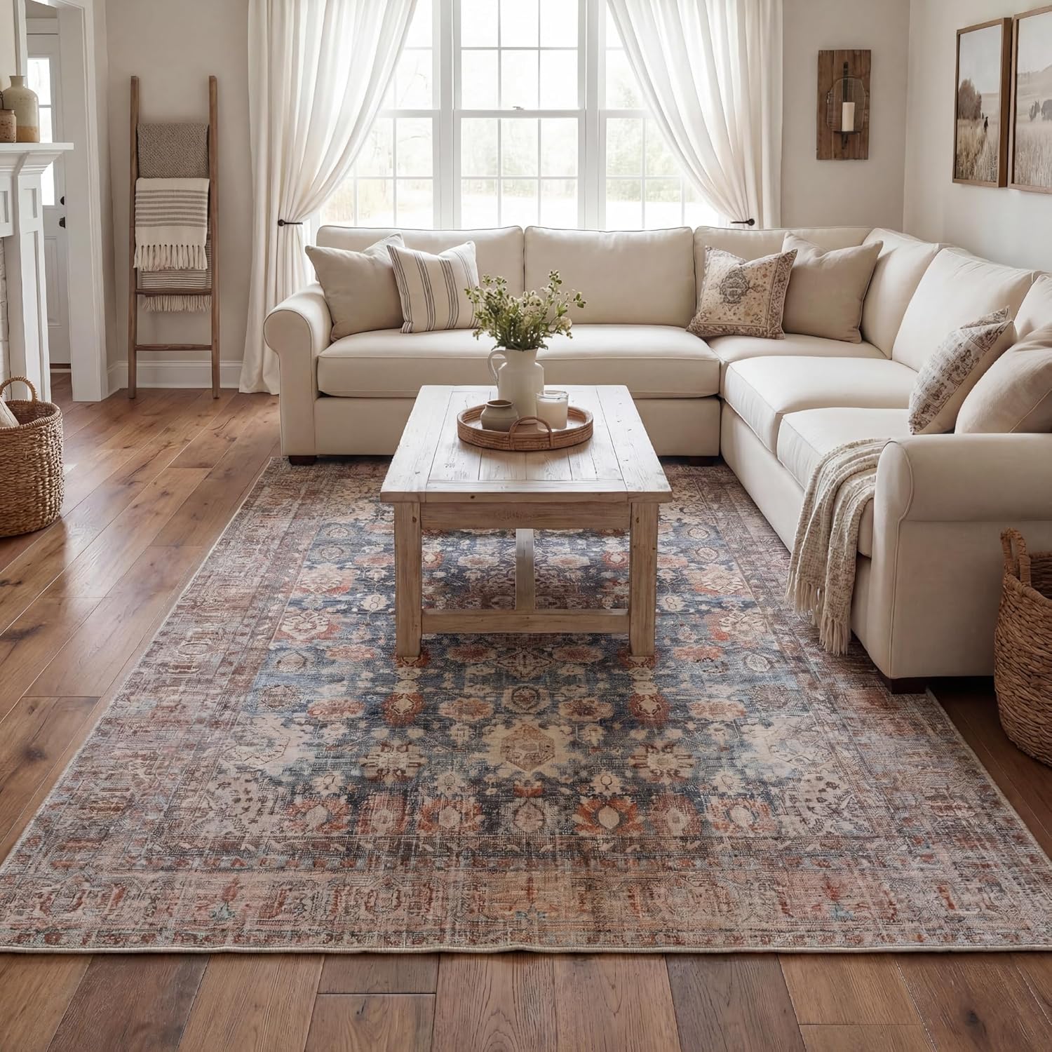 Kuden 6x9 Area Rug, Machine Washable Area Rug with Non-Slip Backing, Vintage Style, Soft, Easy Clean, Low Pile Rug for Living Room, Bedroom, Dining Room