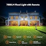 TECKNET 7500LM Motion Sensor Light Outdoor, télécommande 4 Modes, 3-Head 150 LED, 300° Lumière extérieure grand angle, IP66 Lampe de déluge à l'extérieur imperméable, sans fil pour garage/patio/bar
