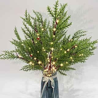 3 PCS Christmas Lighted Branches for Vases, 147 Lights with Cypress-Leaf and Red Berries, Battery Operated, Timer, Handmade Artificial Evergreen Sprig Twinkle Trees for Indoor Outdoor