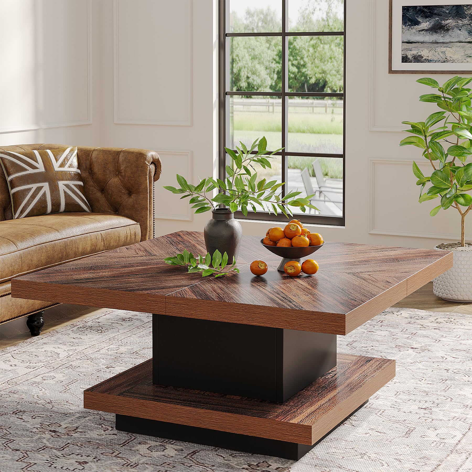 Tribesigns Coffee Table with Storage Square Coffee Table Rustic Brown Coffee Table 2-Tier Low Table Wood Coffee Table for Living Room, Brown & Black