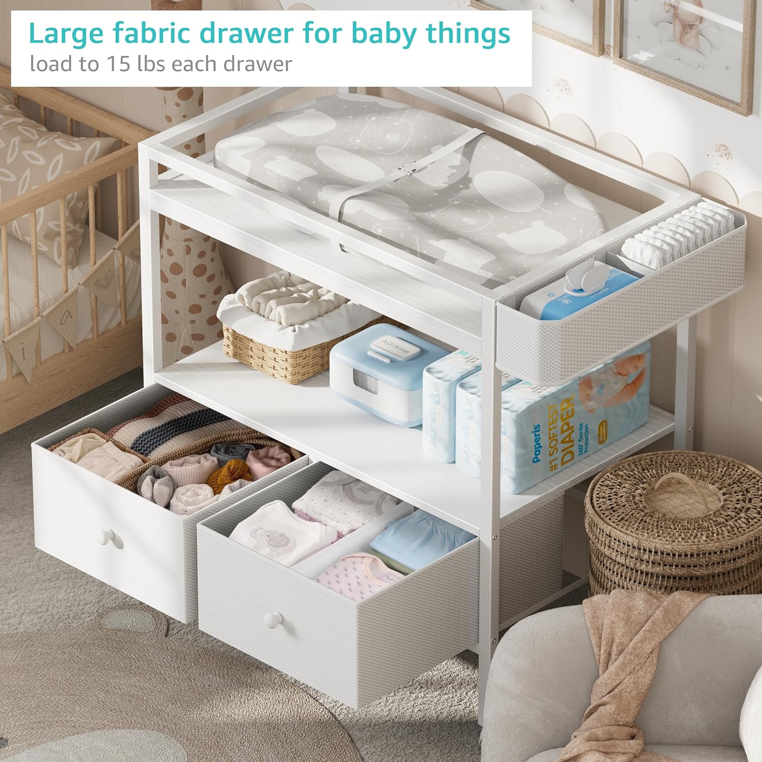 BOLUO Baby Changing Table with Storage, White Baby Dresser with Changing Table Top, Diaper Changing Station with 2 Fabric Drawers for Nursery Modern