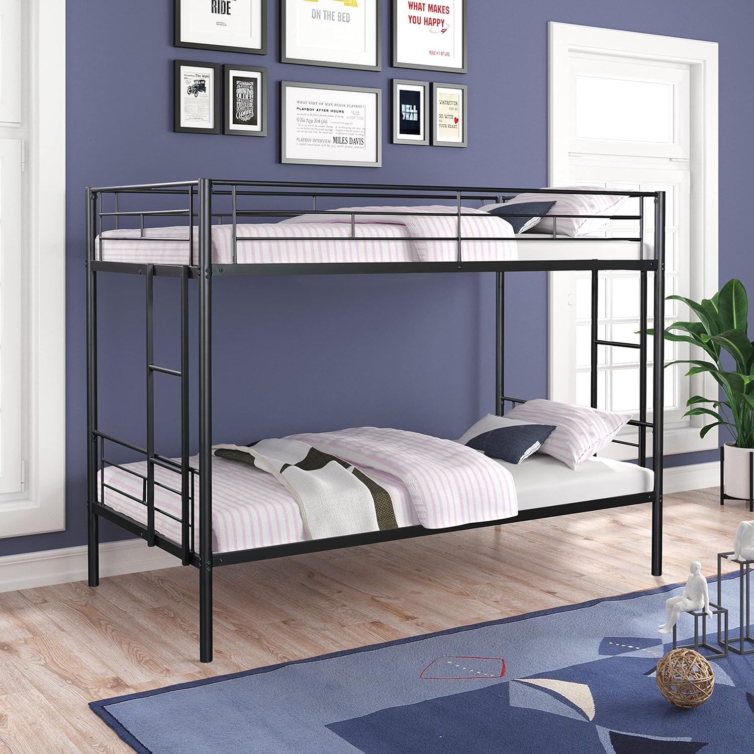 HomJoones Twin Over Twin Metal Bunk Bed with Trundle Heavy