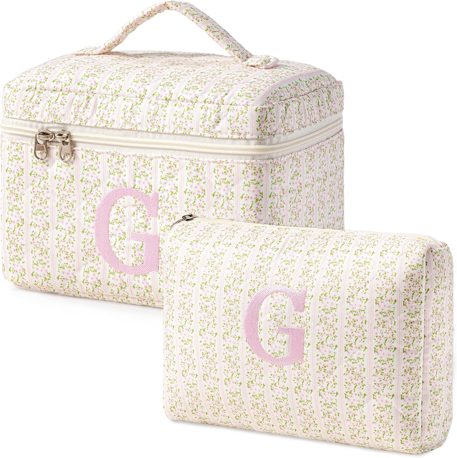 HBselect 2Pcs Initial Quilted Makeup Bag, Pink Cosmetic Travel Toiletry Bag, Flowers Coquette Zipper Make Up Pouch Organizer Teen Girl Gift Trendy Stuff G