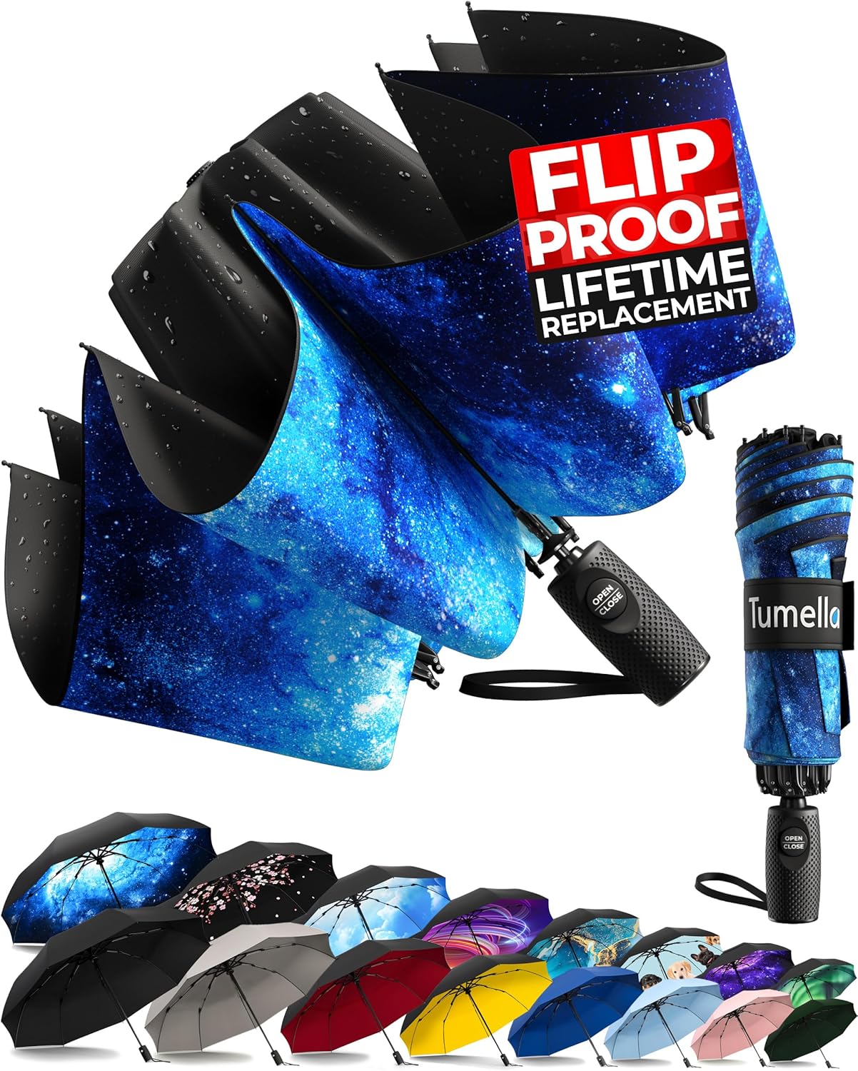 TUMELLA Inverted Windproof Umbrella, Large, Strong & Light, Portable and Automatic Reverse Folding Rain Umbrella, Durable Premium Grip, Fits Car & Backpack