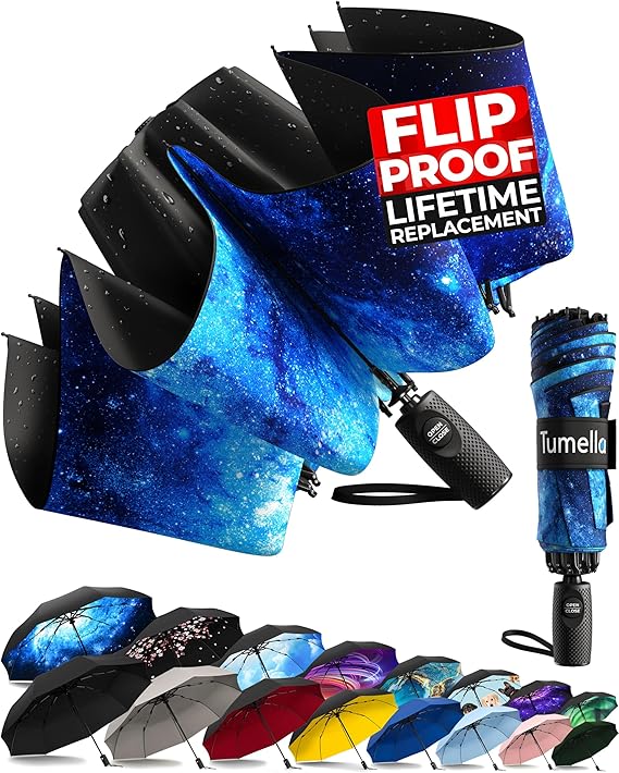 Amazon.com: TUMELLA Flip-proof Inverted Travel Umbrella, Small Strong but Light Portable and Automatic Reverse Folding Rain Umbrella, Durable Premium Grip, Fits Car & Backpack : Clothing, Shoes & Jewelry