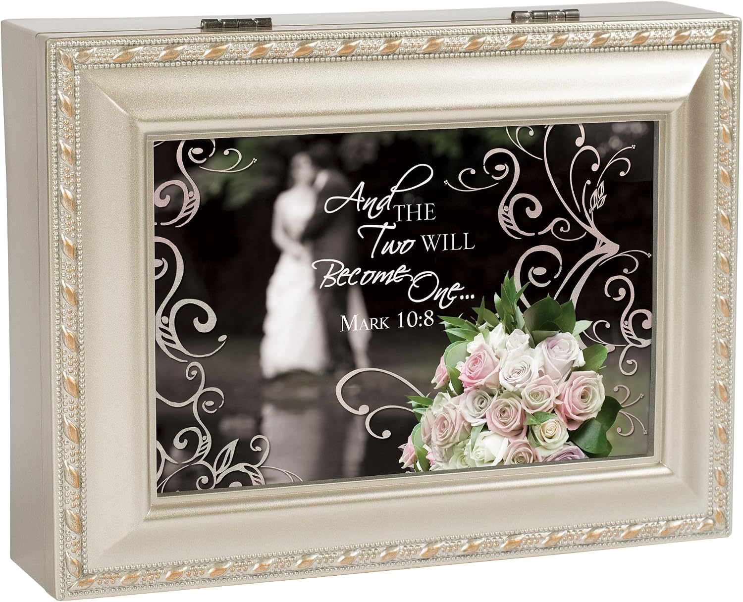 Cottage Garden with This Ring Silvertone Rope Trim Jewelry Music Box Plays Unchained Melody