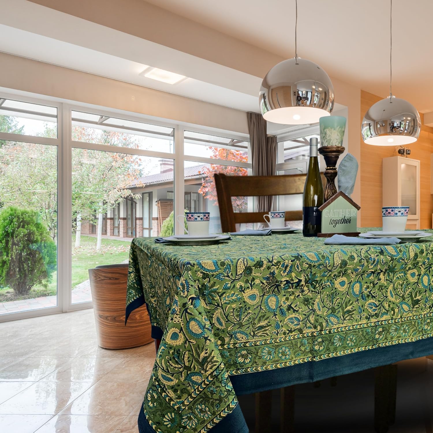 Sweet Us Amara Cotton Floral Block Print Tablecloth and One Plain Napkin, Floral Kitchen Dining Table Cloth, Table Cover for Indoor and Outdoors, Fern Bliss, 58 x 88 in