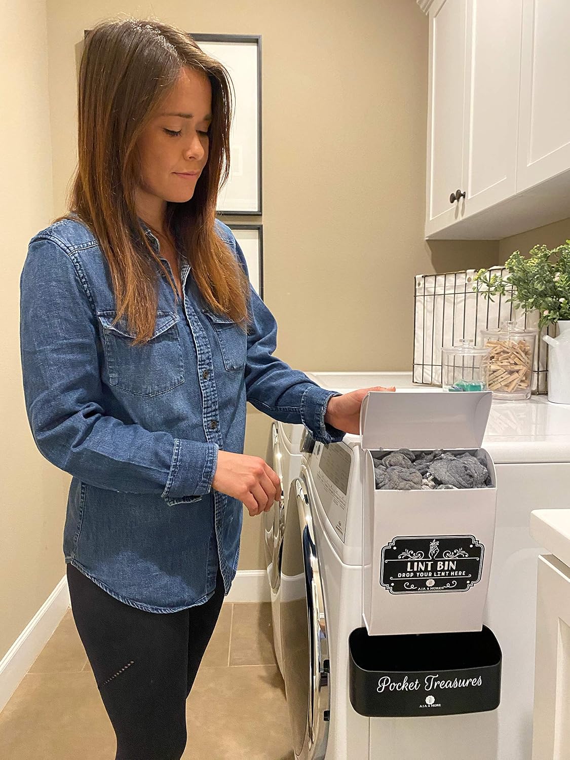 A.J.A. & MORE Lint Bin with Lid - Modern Metal Tin Farmhouse Lint Holder Box - Decorative Laundry Room Space-Saving Solution with Magnetic Wall Mount Strip for Lint Storage - Off White
