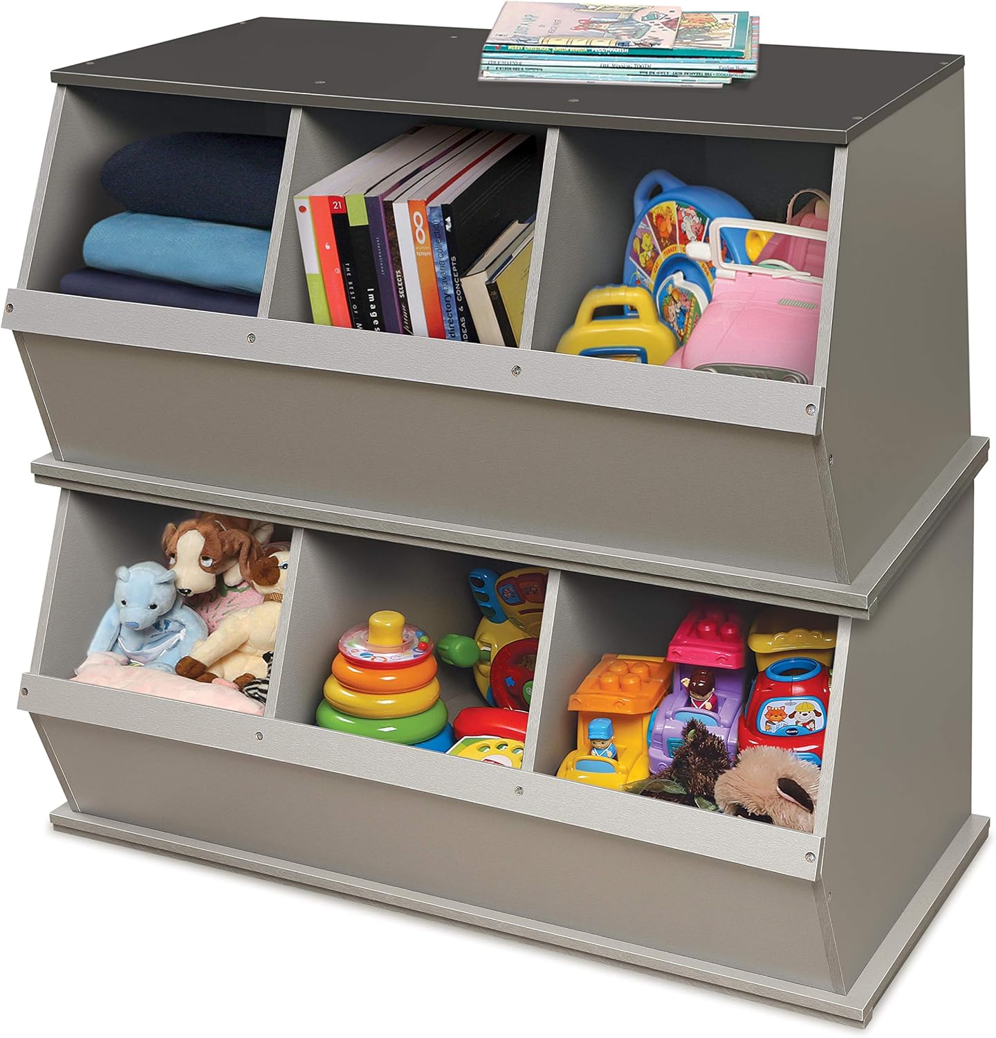 Badger Basket Three-Bin Stackable Storage Cubby – Woodgrain Gray, Expandable Storage with Top Display Shelf for Toys, Crafts & More