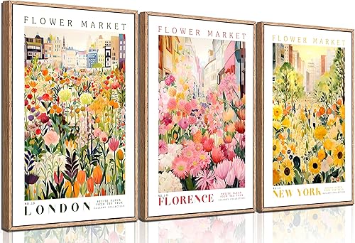 3 piezas de lienzo botánico de color de mercado de flores, arte de pared colorido de flores silvestres girasol, decoración de pared, cuadros de