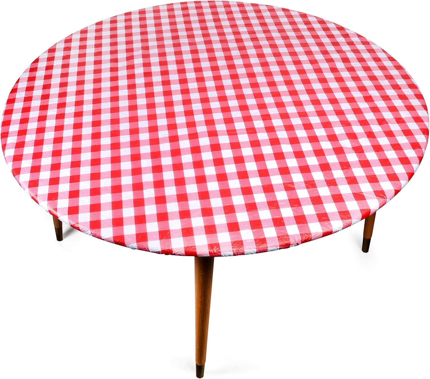 🔥 Flаѕh Sаlе Round Vinyl Table Cover, Flannel Backed with Fitted Elastic Edge - Fits Tables 40 - 44 Diameter - Red and White Plaid Checkered Tablecloth