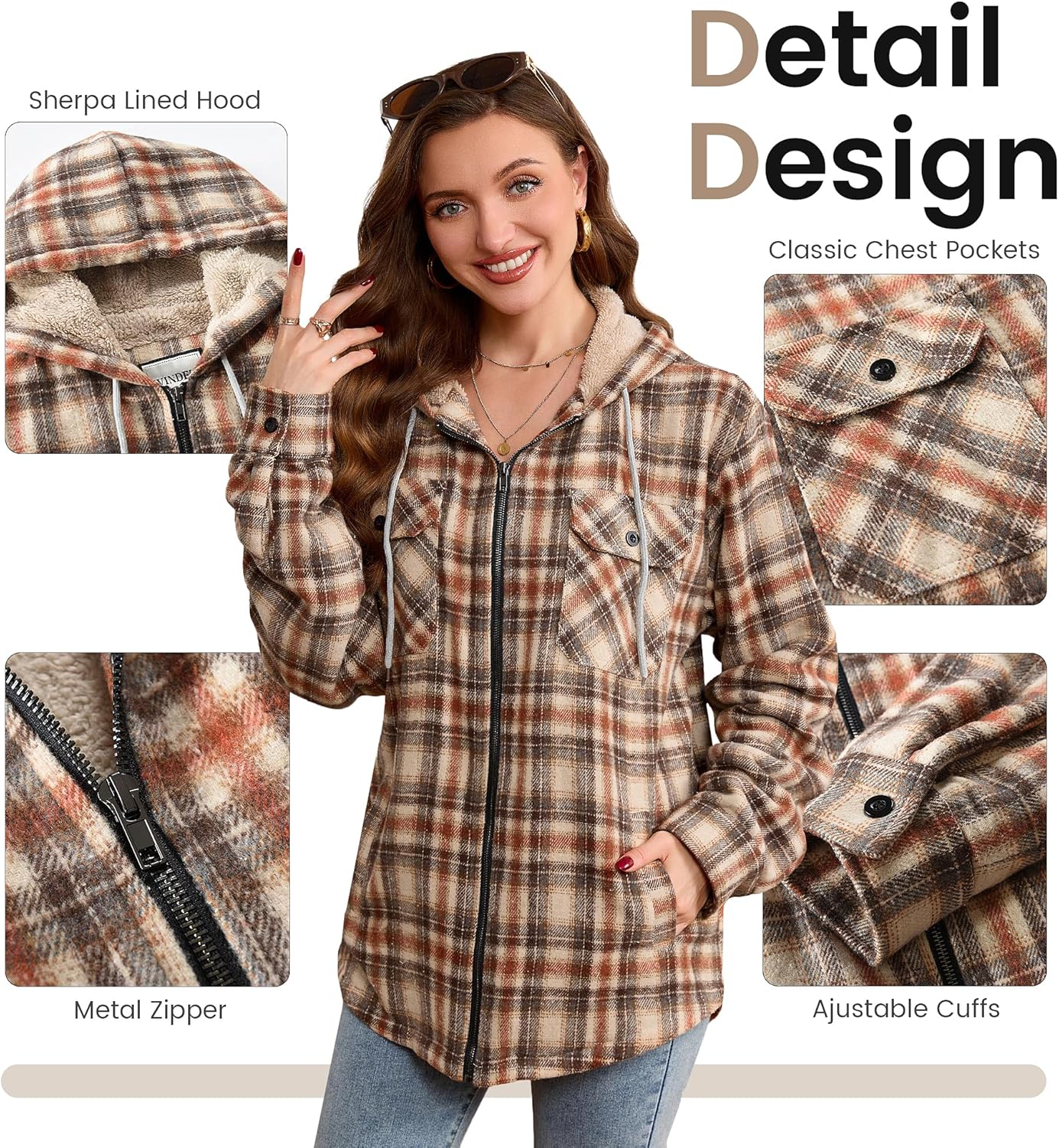 Women's Full Zip Fleece Flannel Jacket Plaid Sherpa Lined Jacket for Women - Image 5