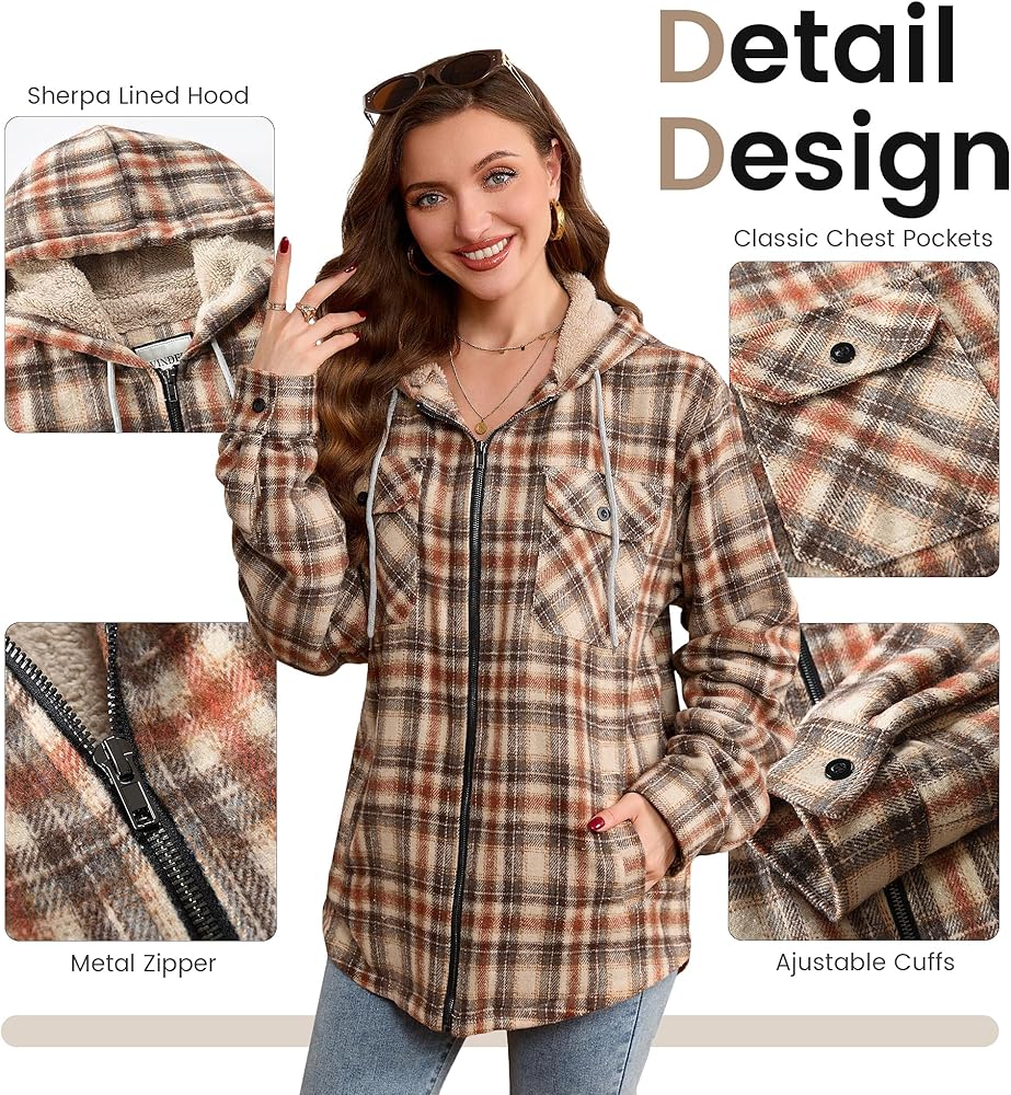 WINDFIT Women's Full Zip Fleece Flannel Jacket Plaid Sherpa Lined