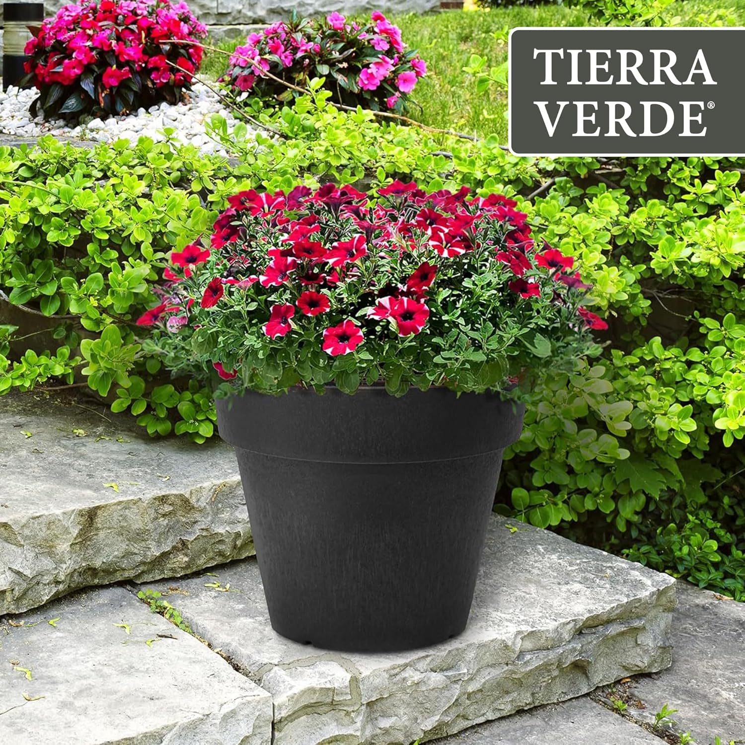 Tierra Verde Indoor & Outdoor Self-Watering Round Planter Pot, Baritone, 18" x 16", Black - Decorative Planting Containers for Plants and Flowers - Gardening and Flowering Accessories