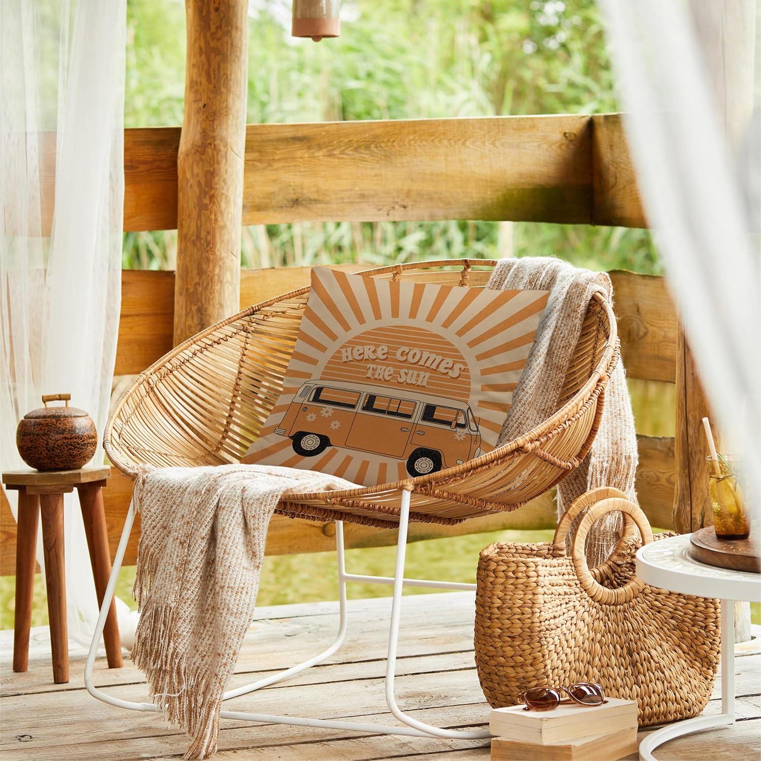 Ayxvt Here Comes The Sun Boho Vintage Floral Bus Retro Hippie Orange Sun Sunshine Reversible Throw Pillow Cover for Home Living Room Girls Room,Gifts for Women Teen Girls Teens,18x18 inches - Image 3