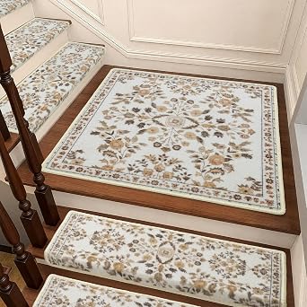 RORA Stair Treads Landing Mat Non-Slip Stair Treads Matching Mat for Wooden Steps Indoor,Bullnose Carpet Stair Floral Stair Rugs Washable Stair Carpet for Pets,30"x30",Brown,1pcs