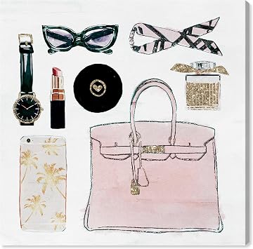 Wynwood Studio Fashion and Glam Contemporary Canvas Art - Glam Girls Summer Kit, Wall Art for Living Room, Bedroom, and Bathroom, 20 in x 20, Pink and Gold Home Decor