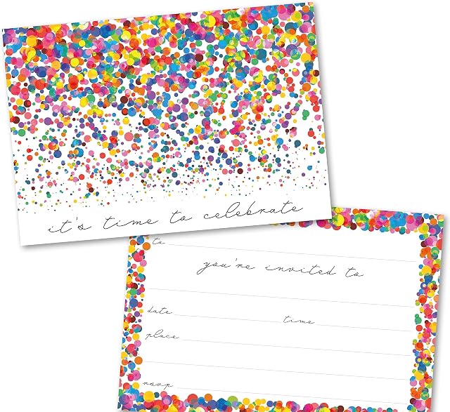 Party Invitations Pack of 36. Confetti themed invitation with matching envelopes. 120 x 172mm. Party Invites, Birthday Party Invitations. Suitable for all ages. Designed and Printed in UK.