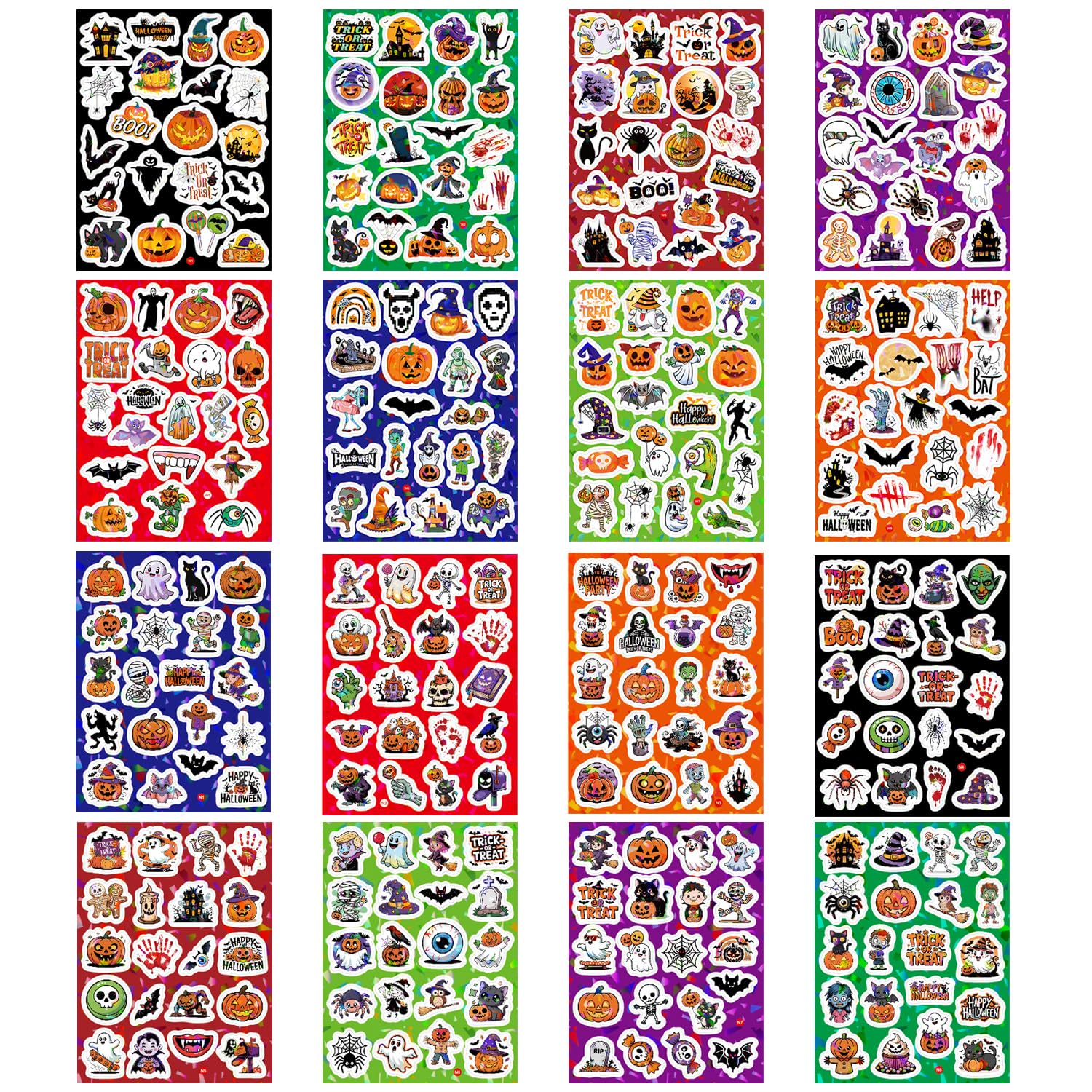 Boerni 16 Sheets Halloween Stickers Holographic Laser Shining Cute Halloween Pumpkin Ghost Bat Spider Stickers Waterproof for Kids Adults Party Favors Gifts for Water Bottles