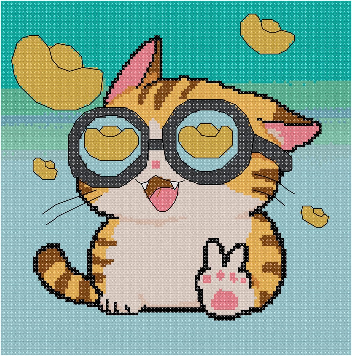 Stamped Cross Stitch Kit for Adults, 11ct Lucky Cat Home Office 15x15.5