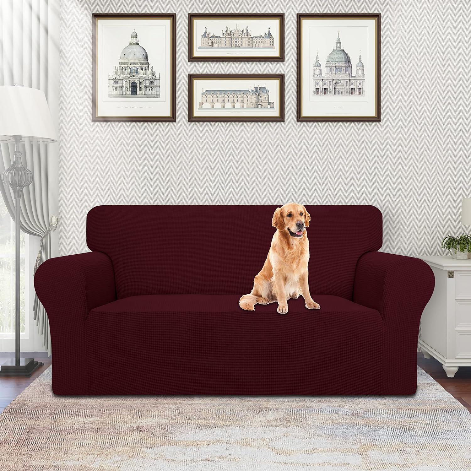 DANABEST Super Stretch Jacquard Couch Cover 1-Piece Soft Sofa Cover Non Slip Furniture Protector with Elastic Bottom for Kids,Pets (Wine,Loveseat) : Home & Kitchen