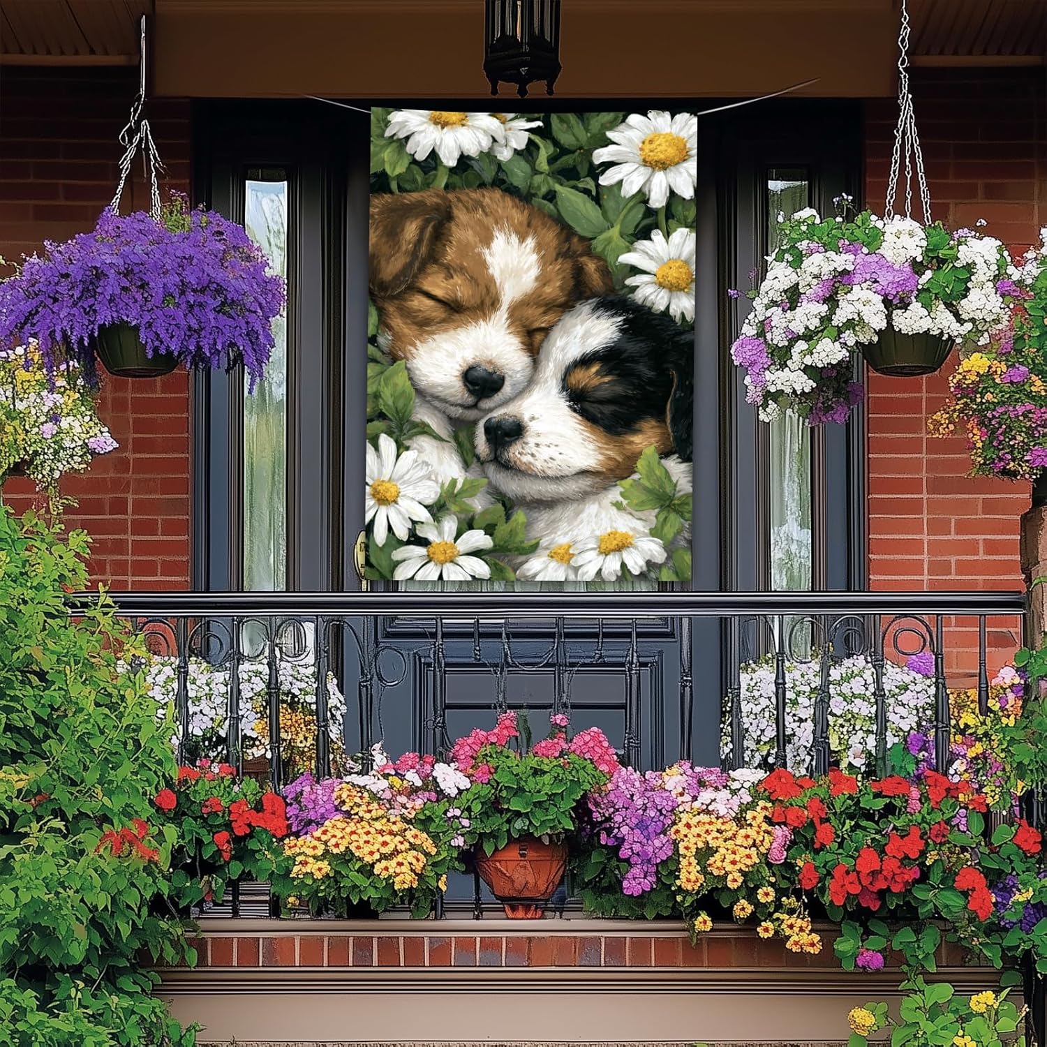 Puppy House Flag 28 x 40 Inch Double Sided Spring Summer Garden Flag with Sleeping Dog and Daisy Floral Design for Outdoor Porch Yard Cottage Decor - Image 2