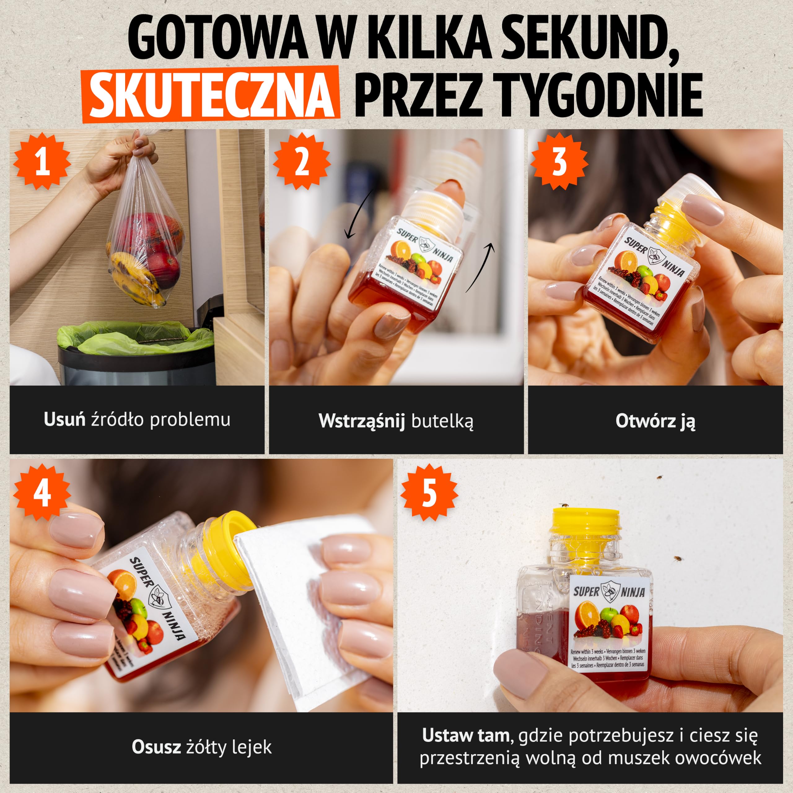 Super Ninja Pułapka na muszki owocówki do kuchni – 12 szt., naturalny płynny wabik, działanie do 3 tygodni, bez toksycznych składników