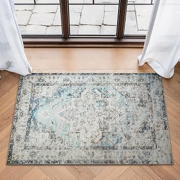 Bloom Rugs Washable Non-Slip 2 x 3 Rug - Beige/Blue Traditional Oriental Area Rug for Living Room, Bedroom, Dining Room, and Kitchen - Exact Size 2 x 3