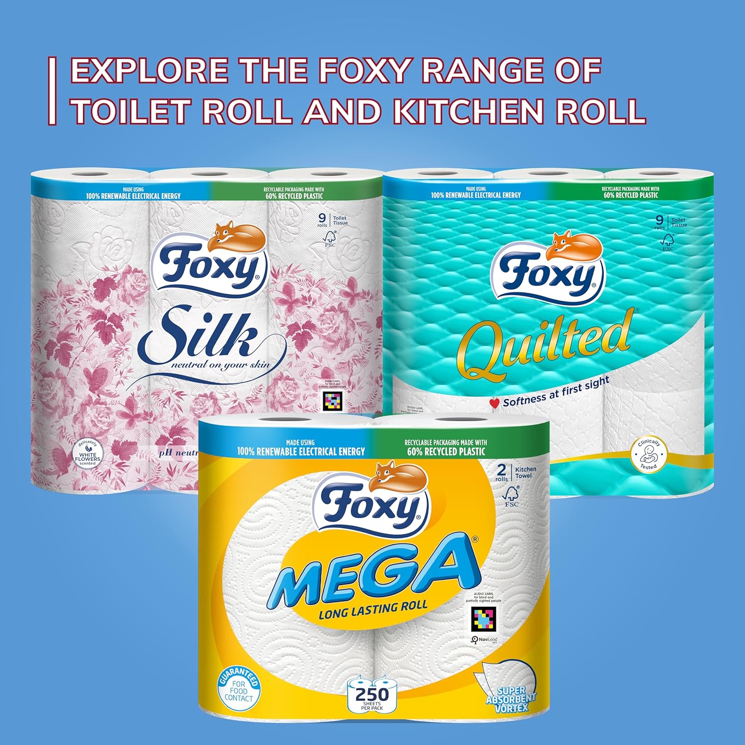 Foxy Tornado Kitchen Roll (Pack of 6) – Ultra Absorbent 3-Ply Kitchen Towel with Vortex Embossing – 300 Extra-Large Sheets Per Jumbo Roll (240 x 226mm) – Strong & Reliable – FSC® Certified